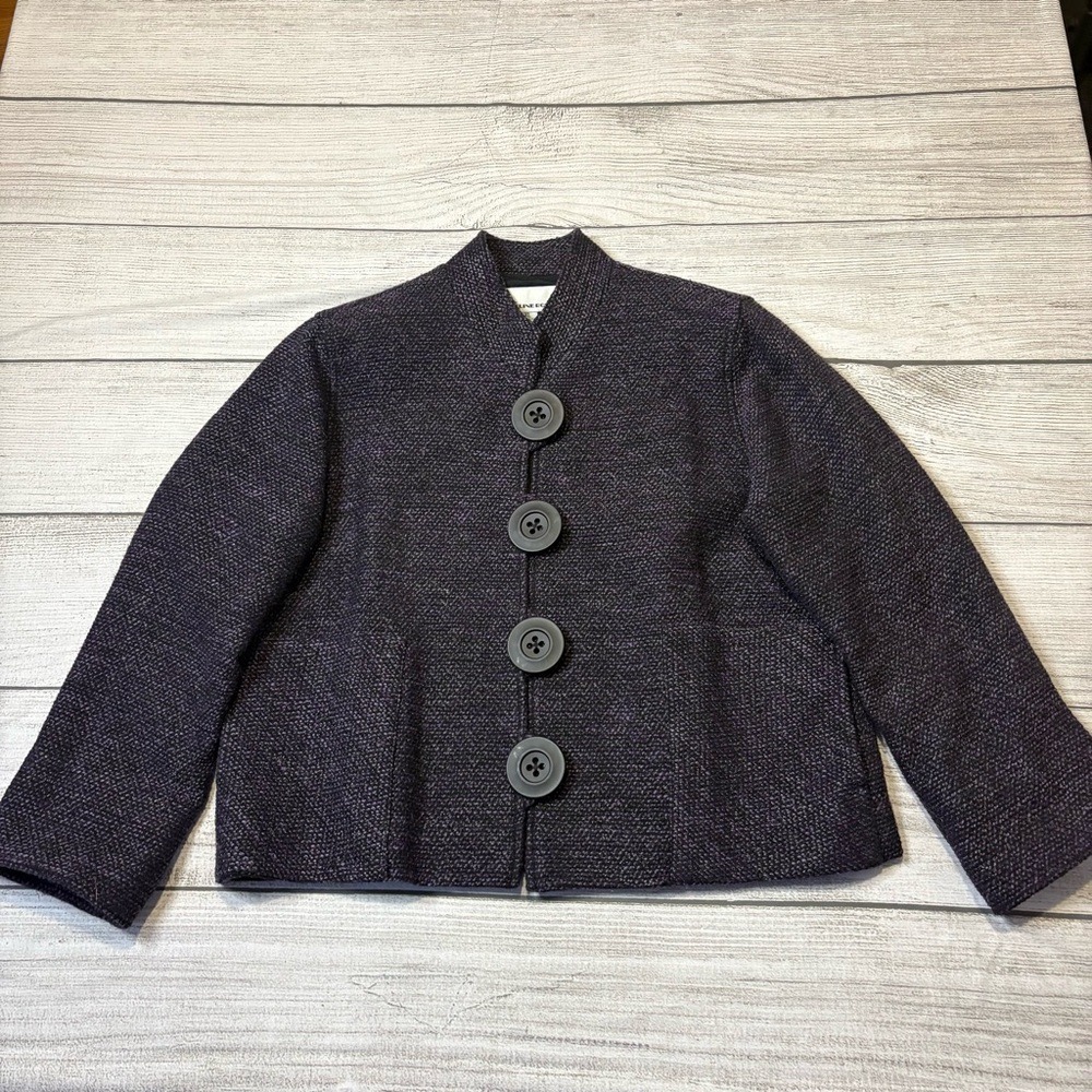 Caroline Rose Tweed Purple And Black Blazer with Large Round Buttons Band Collar